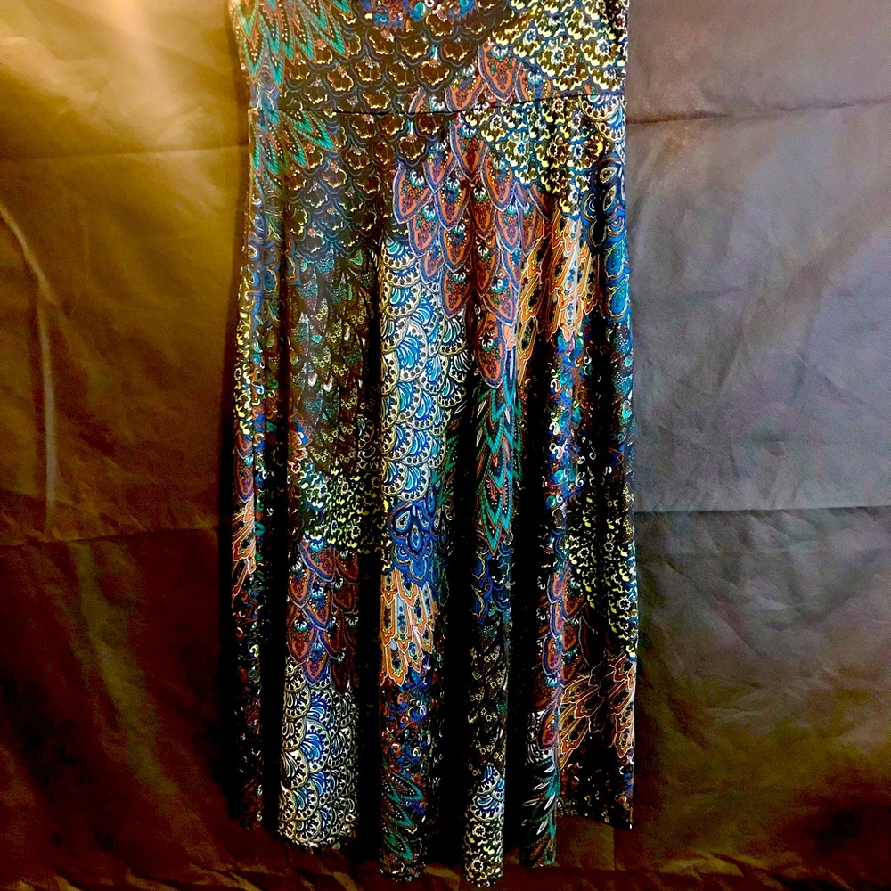 Paisley Peacock Boho skirt. Teal Blue Brown. Stretch wide waist band. Sz M